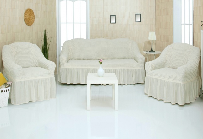 Комплект чехлов на трехместный диван и два кресла с оборкой Concordia, цвет шампань фото 1