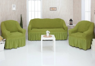 Комплект чехлов на трехместный диван и два кресла с оборкой Concordia, цвет оливковый