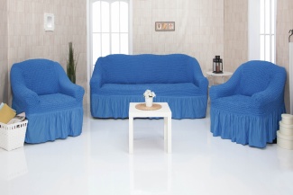 Комплект чехлов на трехместный диван и два кресла с оборкой Concordia, цвет синий