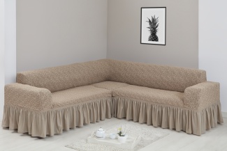 Чехол на угловой диван с оборкой Venera "Жаккард", цвет бежевый