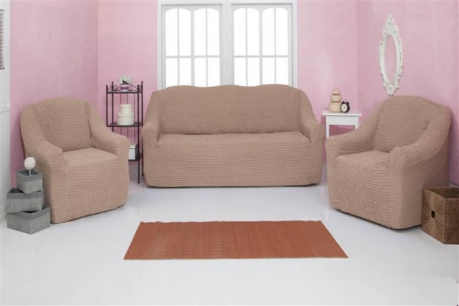 Комплект чехлов на диван и кресла без оборки CONCORDIA, цвет бежевый, 3 предмета фото 1