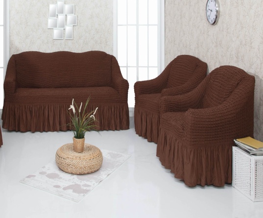 Комплект чехлов на трехместный диван и два кресла с оборкой CONCORDIA, цвет тёмно-коричневый фото 2