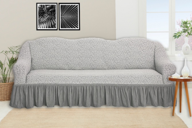 Чехол на трёхместный диван с оборкой Venera "Жаккард", цвет светло-серый фото 1