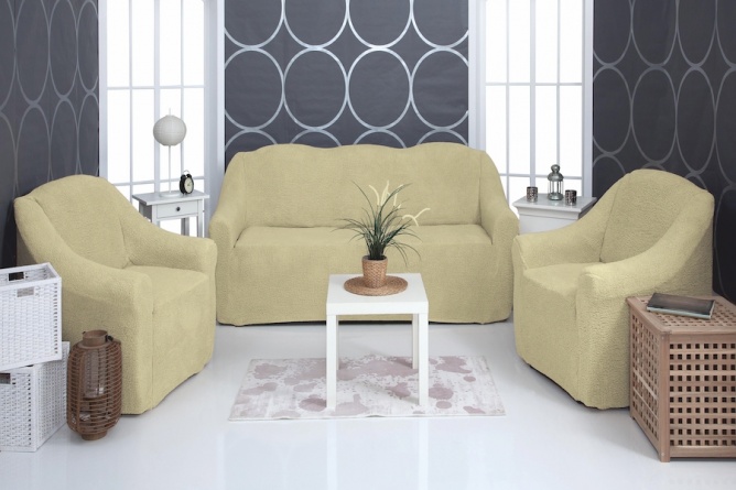 Комплект чехлов на трехместный диван и два кресла плюшевый Venera, цвет светло-бежевый фото 1