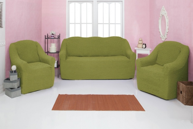 Комплект чехлов на диван и кресла без оборки Concordia, цвет оливковый, 3 предмета фото 1