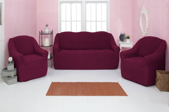 Комплект чехлов на диван и кресла без оборки Concordia, цвет бордовый, 3 предмета фото 1