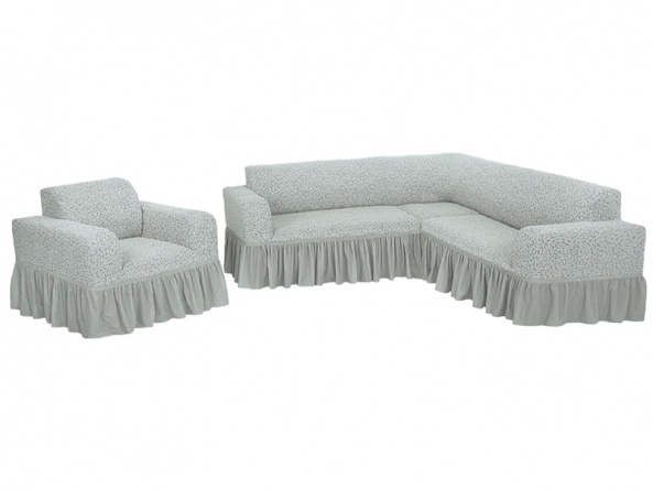 Комплект чехлов на угловой диван и кресло с оборкой Venera "Жаккард", цвет слоновая кость фото 7
