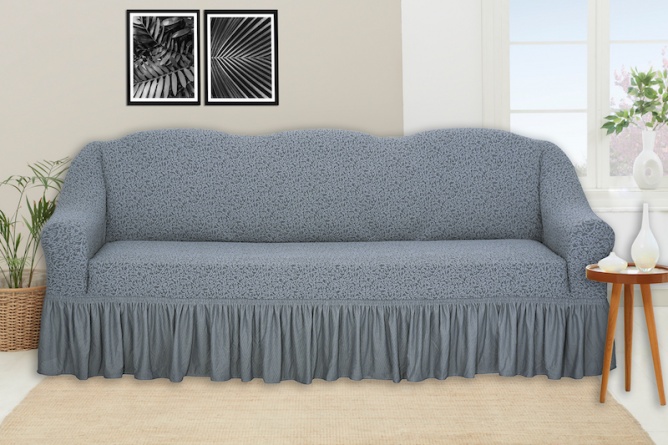 Чехол на трёхместный диван с оборкой Venera "Жаккард", цвет серый фото 1