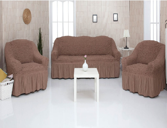 Комплект чехлов на трехместный диван и два кресла с оборкой CONCORDIA, цвет коричневый фото 1