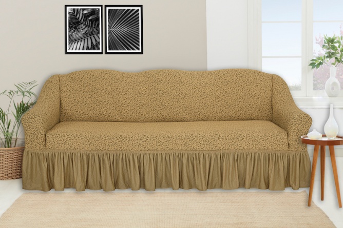 Чехол на трёхместный диван с оборкой Venera "Жаккард", цвет светло-коричневый фото 1