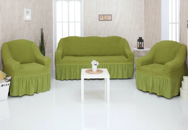 Комплект чехлов на трехместный диван и два кресла с оборкой Concordia, цвет оливковый фото 1