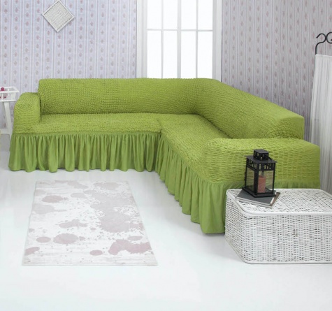 Чехол на угловой диван с оборкой Concordia, цвет оливковый фото 1