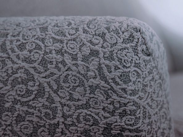 Чехол на угловой диван с оборкой Venera "Жаккард", цвет серо-бежевый фото 5