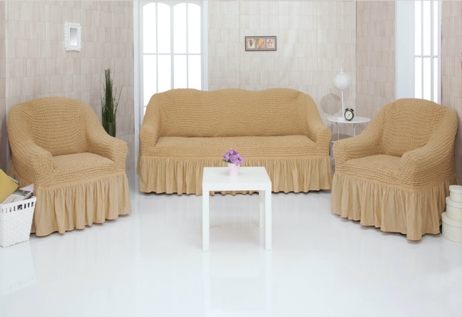 Комплект чехлов на трехместный диван и два кресла с оборкой Concordia, цвет светло-коричневый фото 1