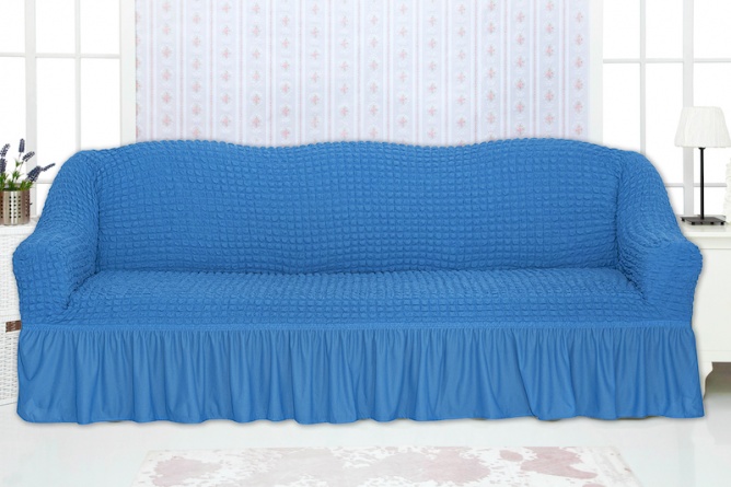 Чехол на трехместный диван с оборкой Concordia, цвет синий фото 1