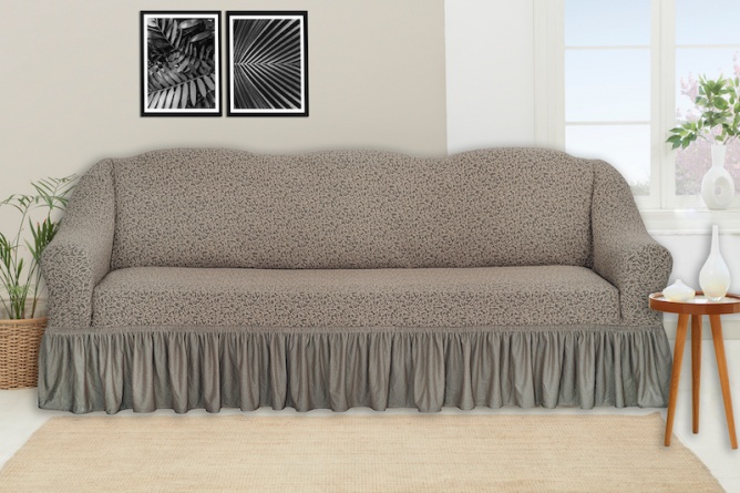 Чехол на трёхместный диван с оборкой Venera "Жаккард", цвет бежевый фото 1