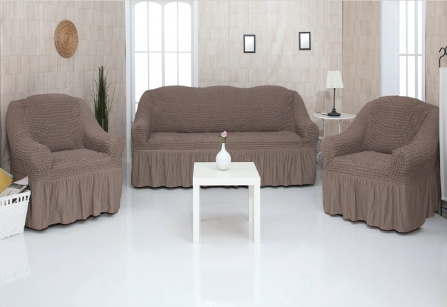 Комплект чехлов на трехместный диван и два кресла с оборкой Concordia, цвет коричневый фото 1