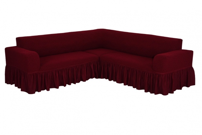 Чехол на угловой диван с оборкой Venera "Жаккард", цвет бордовый фото 1