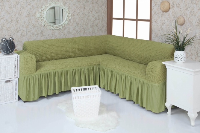Чехол на угловой диван с оборкой Concordia, цвет оливковый фото 2