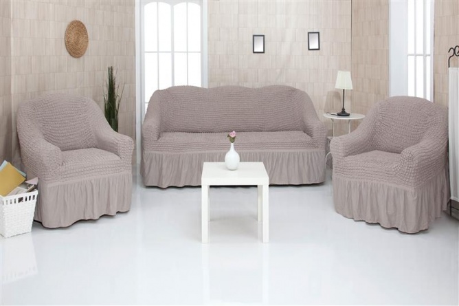 Комплект чехлов на трехместный диван и два кресла с оборкой CONCORDIA, цвет какао фото 1