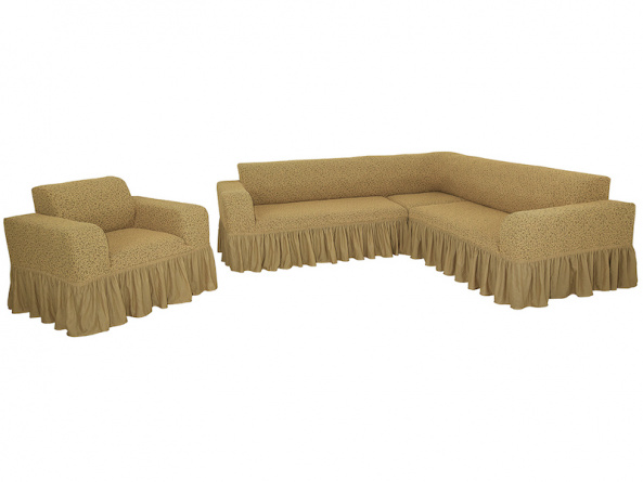 Комплект чехлов на угловой диван и кресло с оборкой Venera "Жаккард", цвет светло-коричневый фото 7