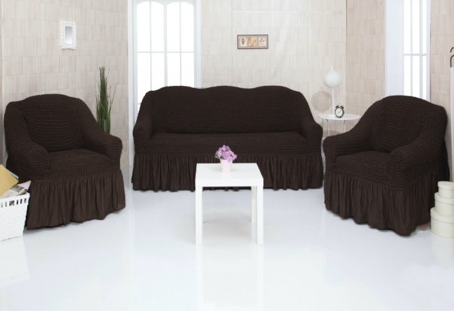 Комплект чехлов на трехместный диван и два кресла с оборкой CONCORDIA, цвет тёмно-коричневый фото 1