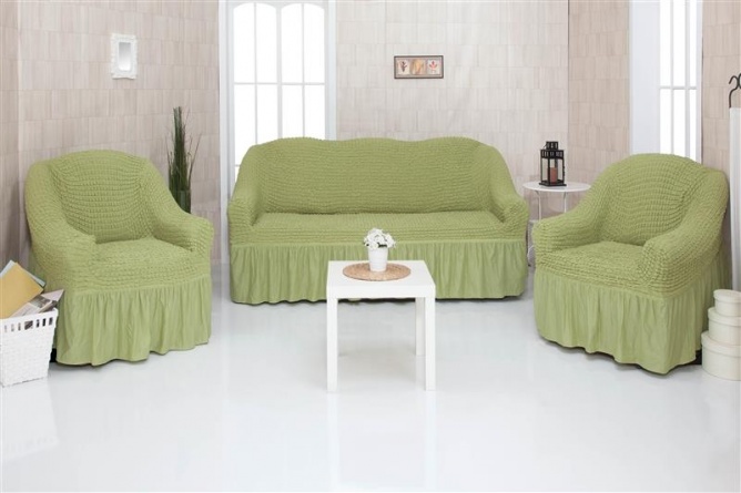 Комплект чехлов на трехместный диван и два кресла с оборкой CONCORDIA, цвет оливковый фото 1