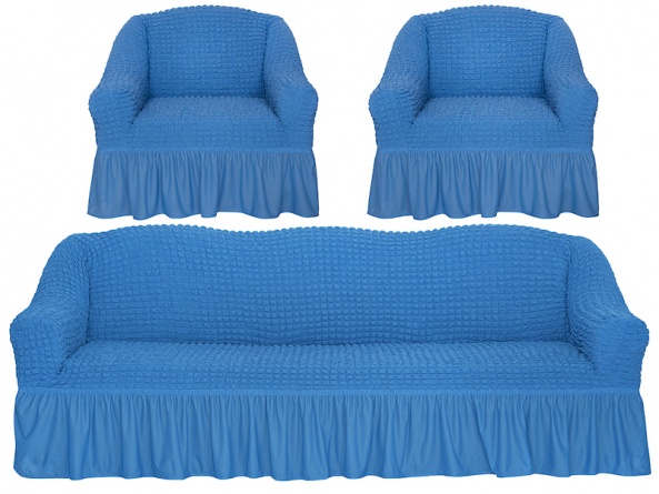 Комплект чехлов на трехместный диван и два кресла с оборкой Concordia, цвет синий фото 9