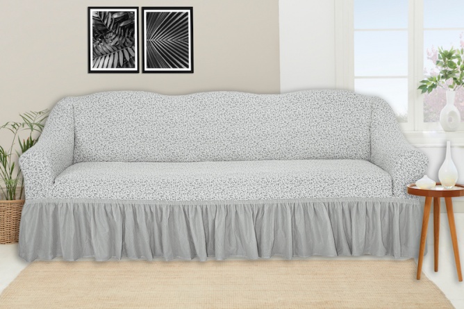 Чехол на трёхместный диван с оборкой Venera "Жаккард", цвет слоновая кость фото 1