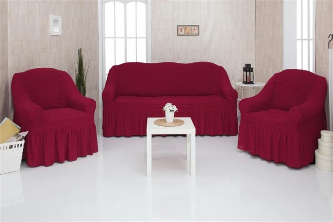 Комплект чехлов на трехместный диван и два кресла с оборкой CONCORDIA, цвет бордовый фото 1