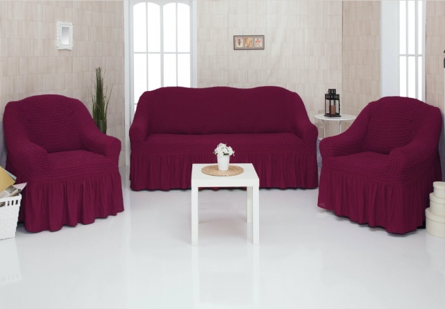 Комплект чехлов на трехместный диван и два кресла с оборкой Concordia, цвет бордовый фото 1