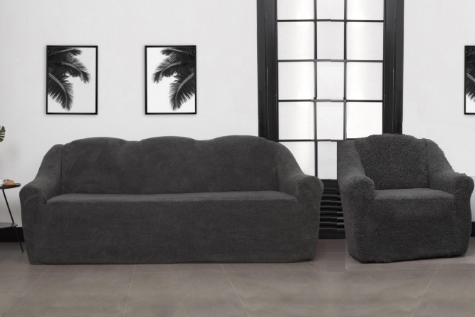 Комплект чехлов на трехместный диван и кресла плюшевый Venera, цвет темно-серый фото 1
