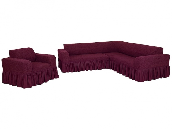 Комплект чехлов на угловой диван и кресло с оборкой Venera "Жаккард", цвет бордовый фото 7