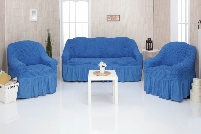 Комплект чехлов на трехместный диван и два кресла с оборкой Concordia, цвет синий фото 1