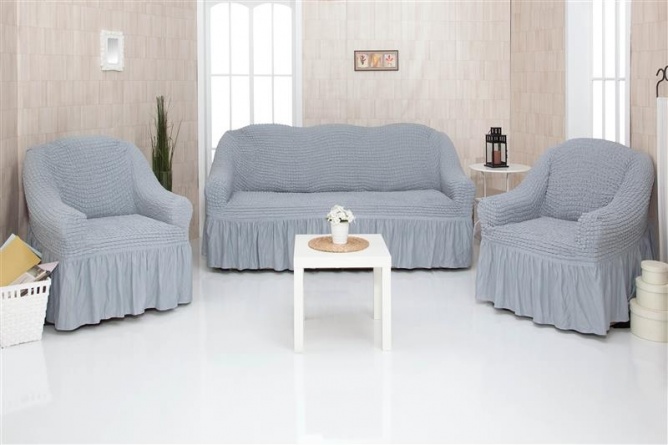 Комплект чехлов на трехместный диван и два кресла с оборкой Concordia, цвет серый фото 1