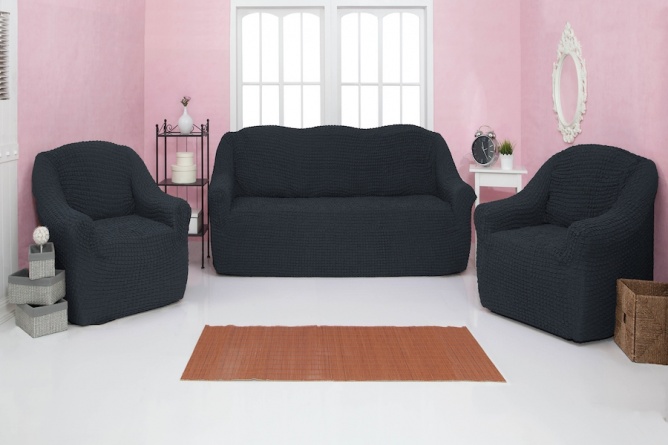 Комплект чехлов на диван и кресла без оборки Concordia, цвет темно-серый, 3 предмета фото 1