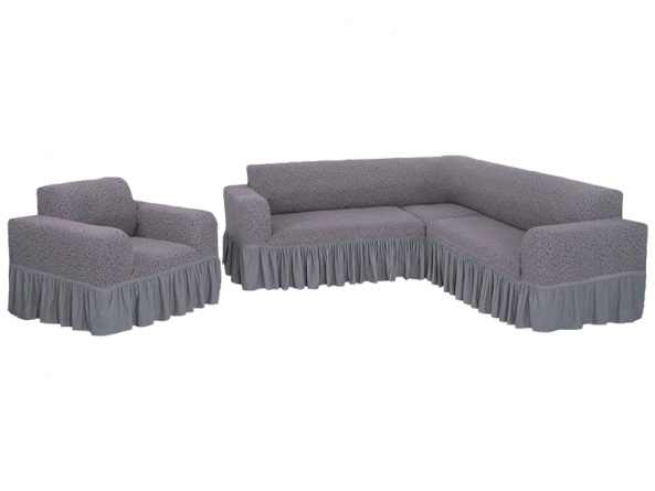 Комплект чехлов на угловой диван и кресло с оборкой Venera "Жаккард", цвет серо-бежевый фото 6