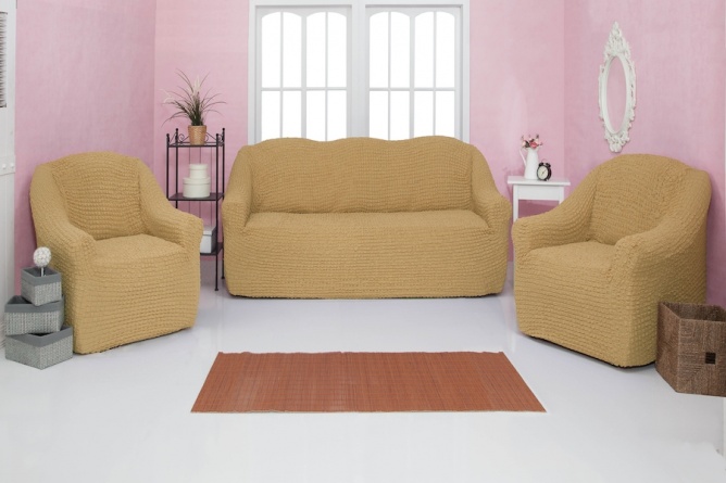 Комплект чехлов на диван и кресла без оборки CONCORDIA, цвет светло-коричневый, 3 предмета фото 1