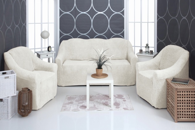 Комплект чехлов на трехместный диван и два кресла плюшевый Venera, цвет молочный фото 1