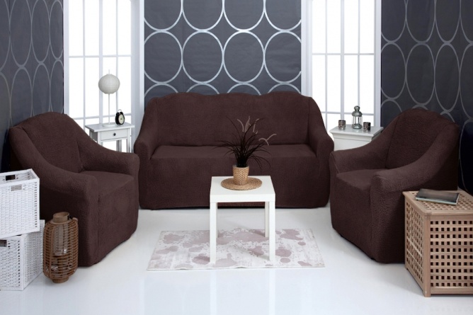 Комплект чехлов на трехместный диван и два кресла плюшевый Venera, цвет темно-коричневый фото 1