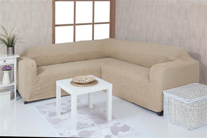 Чехол на угловой диван без оборки Venera, цвет кремовый фото 1