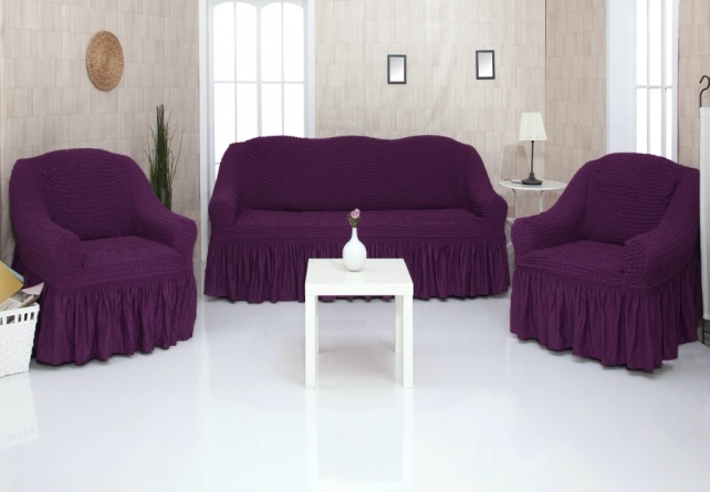 Комплект чехлов на трехместный диван и два кресла с оборкой Concordia, цвет фиолетовый фото 1