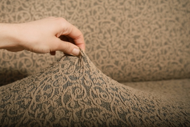 Чехол на трёхместный диван без оборки Venera "Жаккард", цвет бежевый фото 3