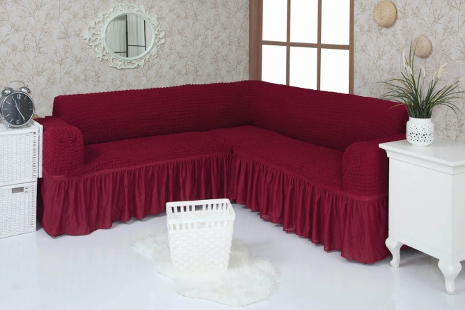 Чехол на угловой диван с оборкой Venera, цвет бордовый фото 2