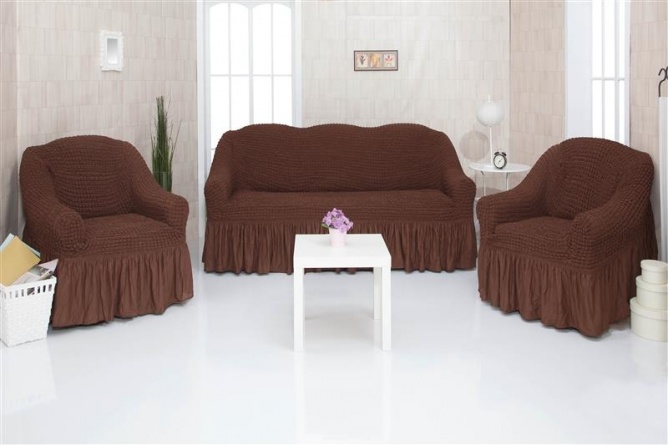 Комплект чехлов на трехместный диван и два кресла с оборкой CONCORDIA, цвет тёмно-коричневый фото 1