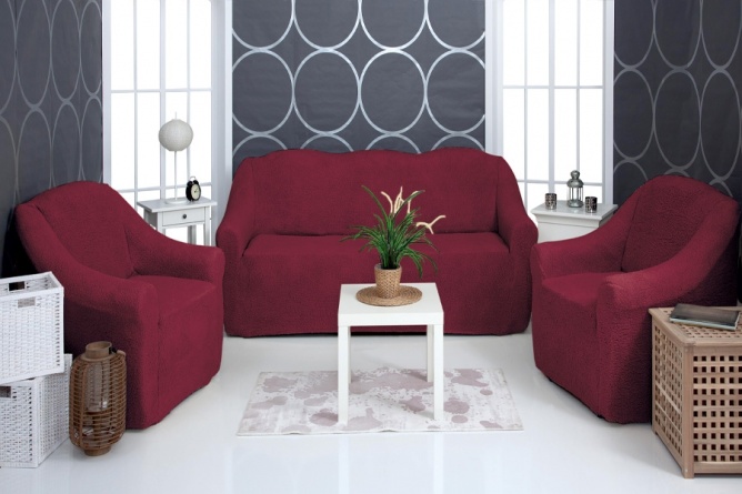 Комплект чехлов на трехместный диван и два кресла плюшевый Venera, цвет бордовый фото 1