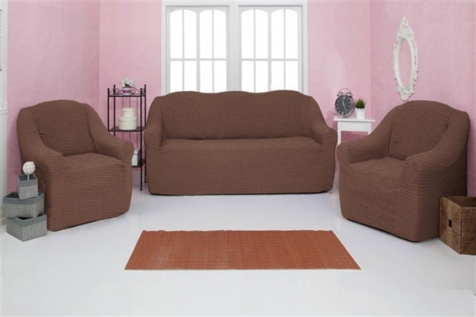 Комплект чехлов на диван и кресла без оборки CONCORDIA, цвет коричневый, 3 предмета фото 1